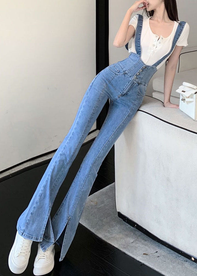 Fashion Blue High Waisted Shoulder Strap Denim Flared Pants Summer