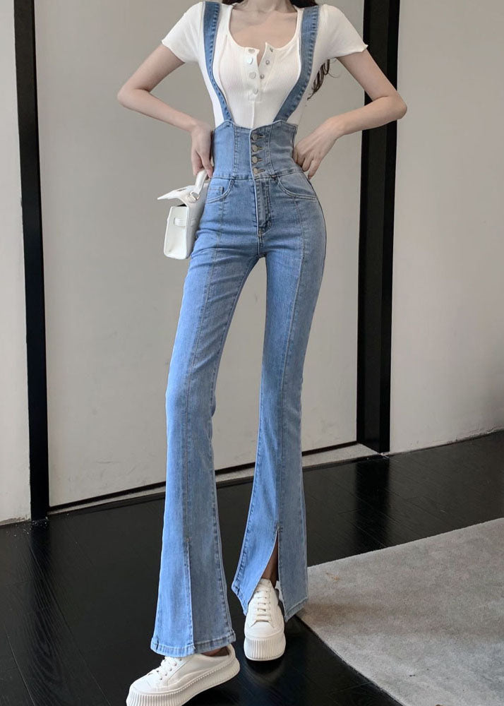 Fashion Blue High Waisted Shoulder Strap Denim Flared Pants Summer