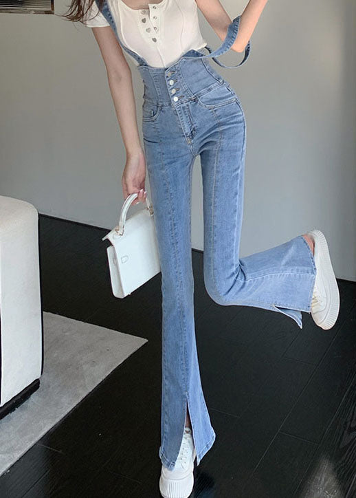 Fashion Blue High Waisted Shoulder Strap Denim Flared Pants Summer