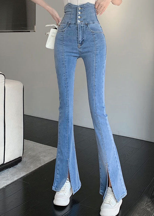Fashion Blue High Waisted Shoulder Strap Denim Flared Pants Summer
