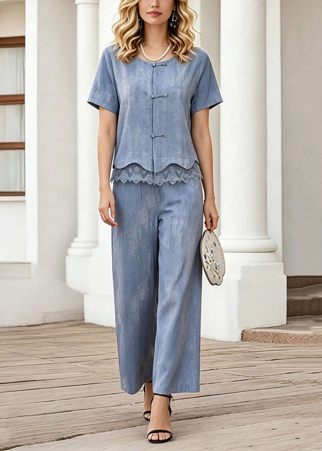 Fashion Blue Lace Patchwork Shirt And Crop Pants Two-Piece Set Short Sleeve