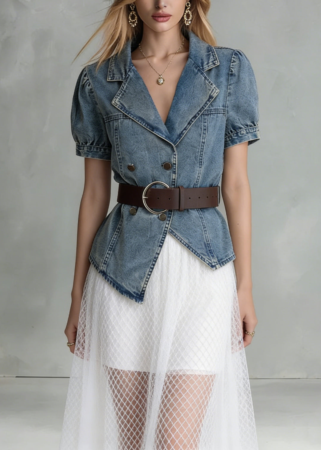 Fashion Blue Notched Asymmetrical Design Denim Shirts Summer
