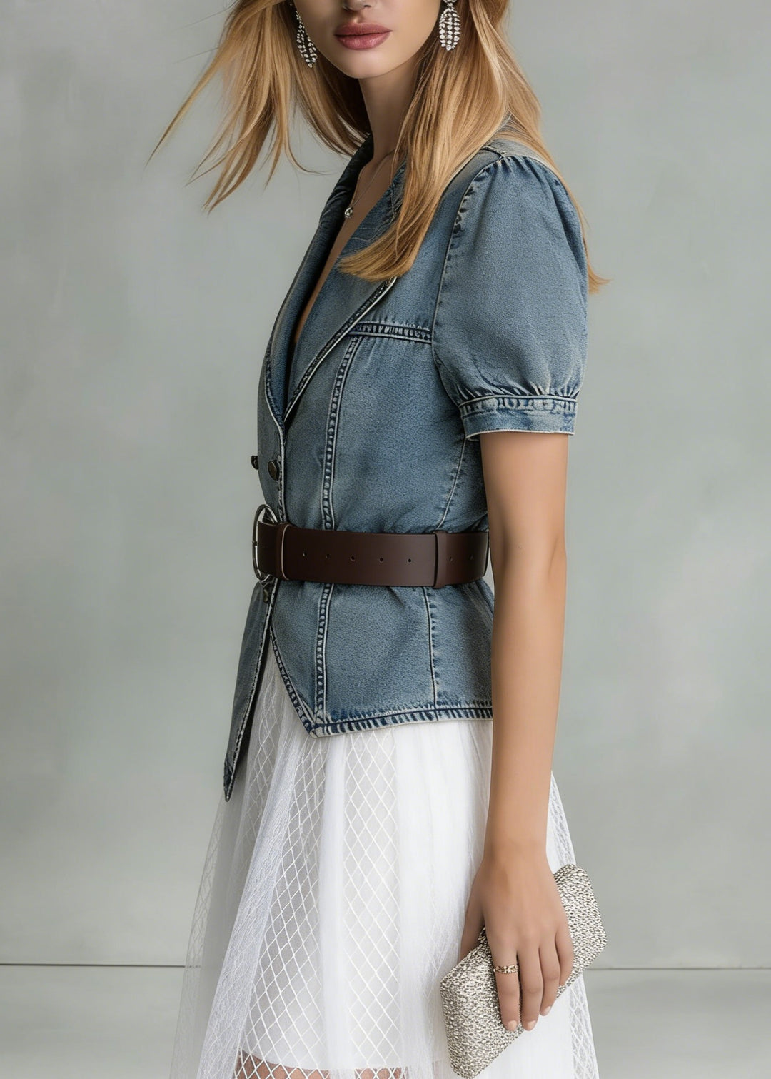Fashion Blue Notched Asymmetrical Design Denim Shirts Summer