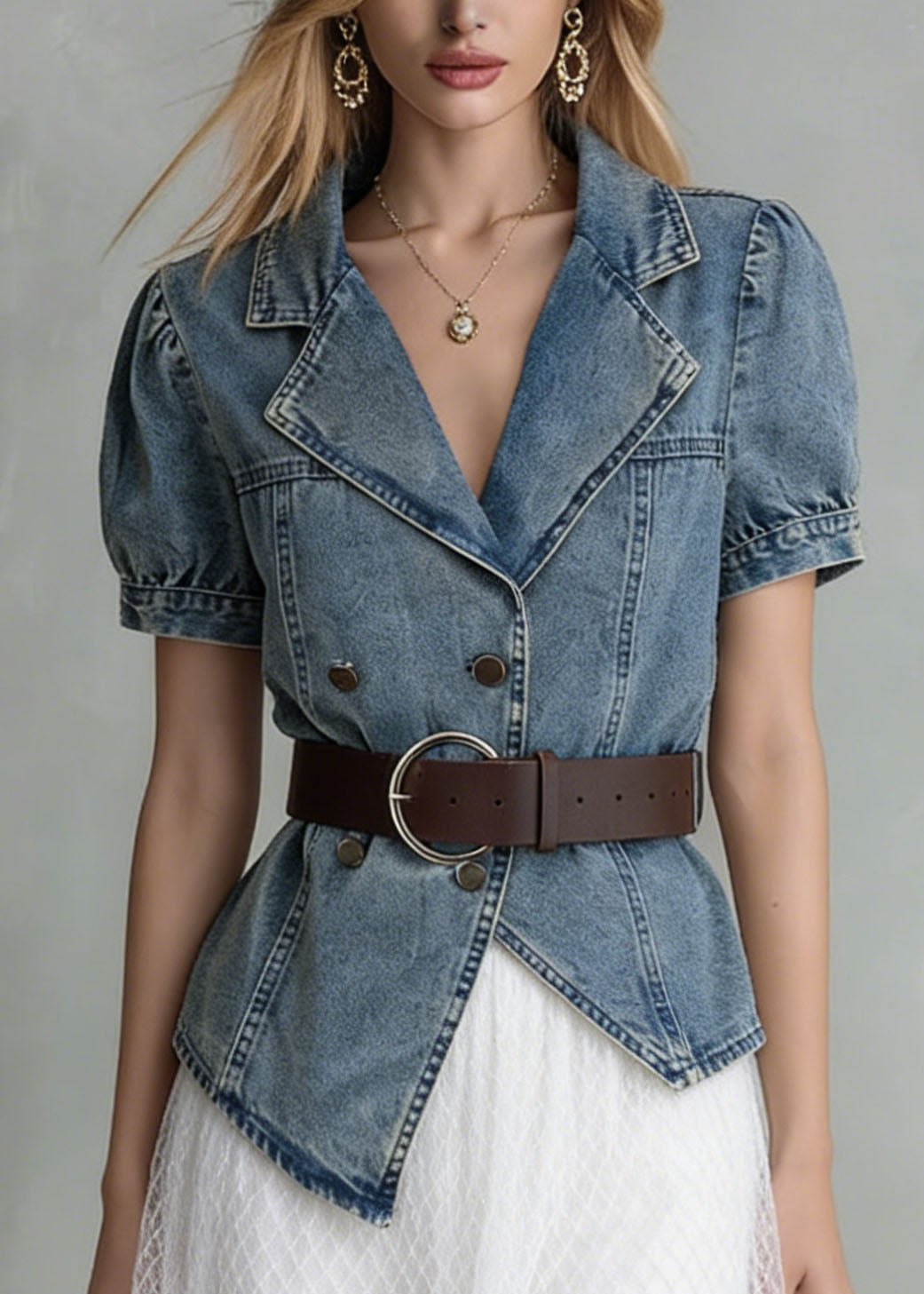 Fashion Blue Notched Asymmetrical Design Denim Shirts Summer