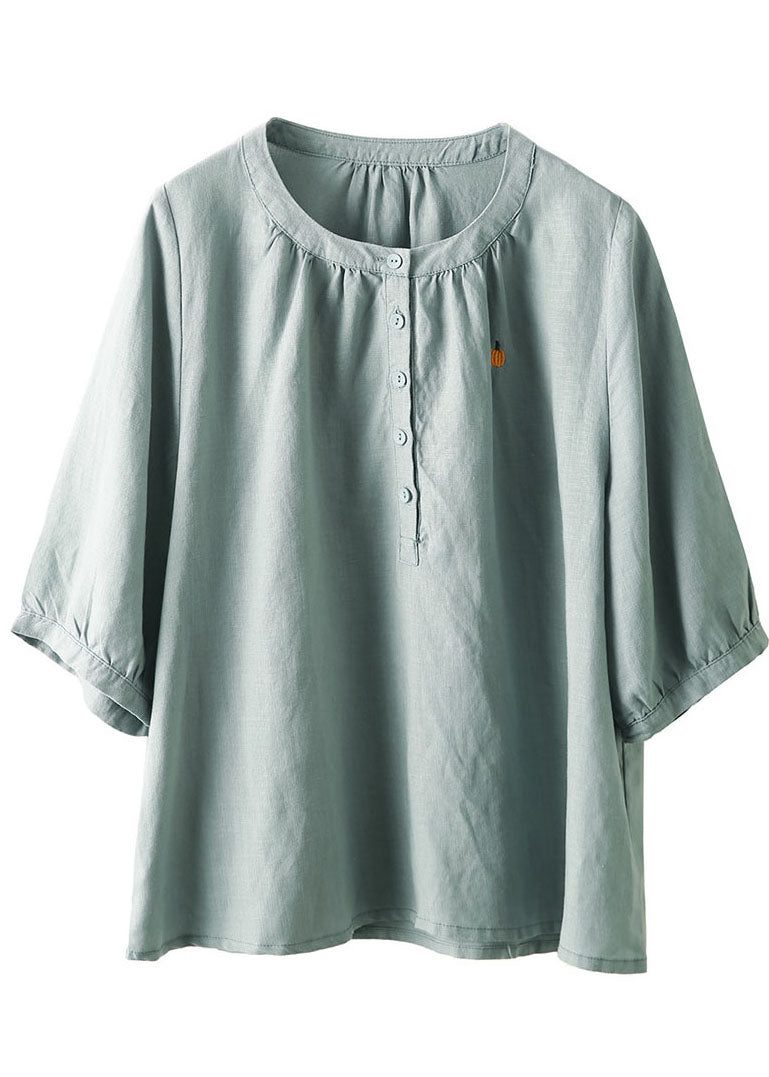 Fashion Blue O-Neck Embroidered Cotton Top Half Sleeve