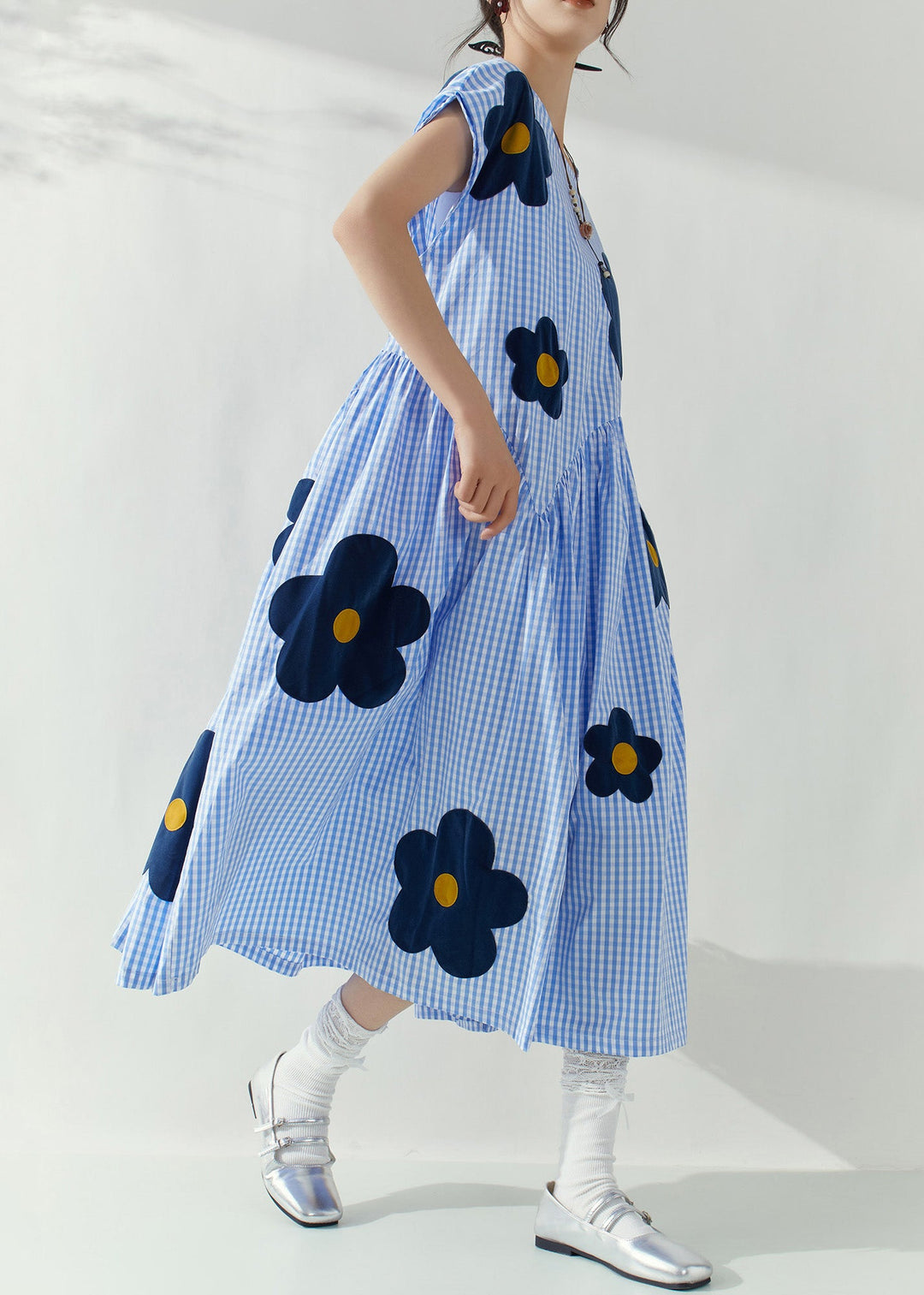 Fashion Blue O-Neck Plaid Tie Waist Floral Maxi Dresses Summer