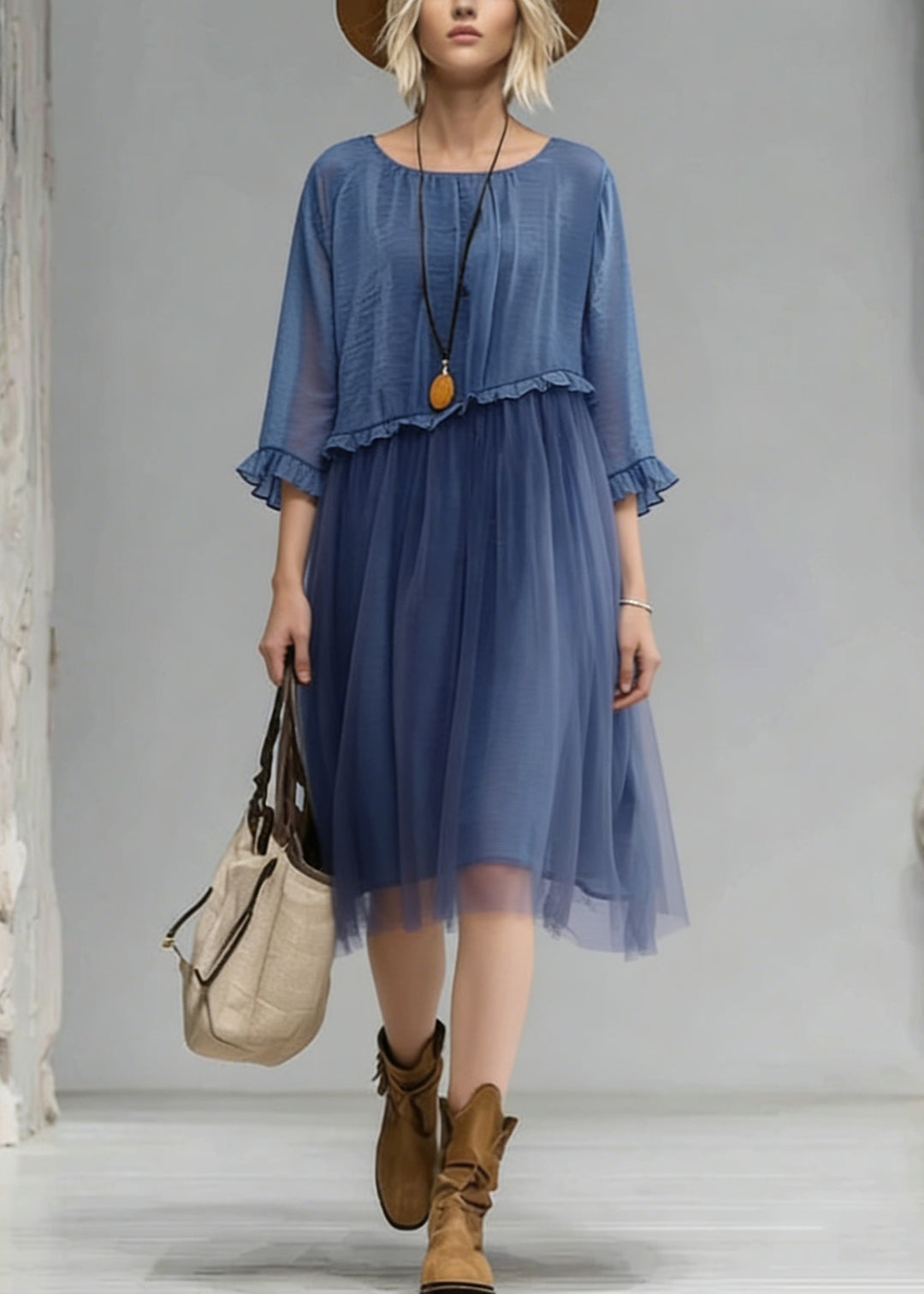 Fashion Blue O-Neck Ruffled Tulle Patchwork Chiffon Dress Summer