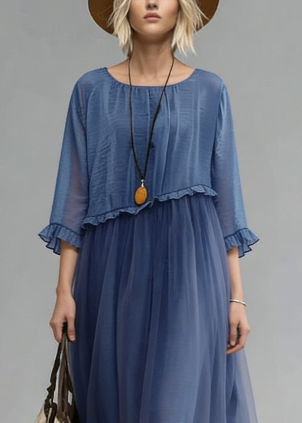 Fashion Blue O-Neck Ruffled Tulle Patchwork Chiffon Dress Summer