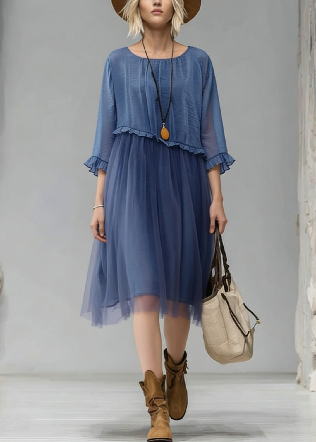 Fashion Blue O-Neck Ruffled Tulle Patchwork Chiffon Dress Summer