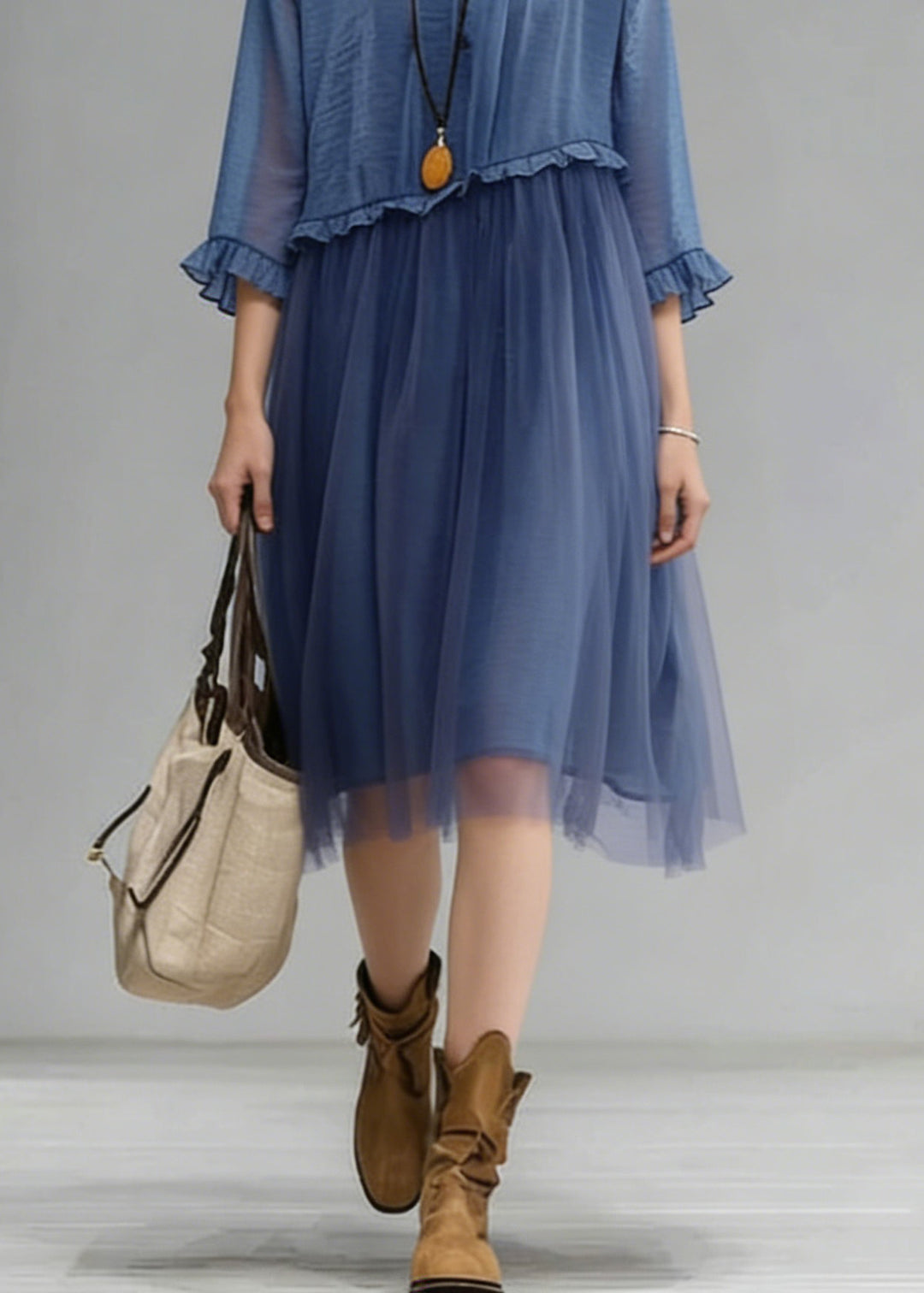 Fashion Blue O-Neck Ruffled Tulle Patchwork Chiffon Dress Summer