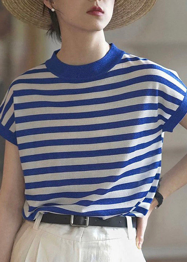 Fashion Blue O Neck Striped Cotton T Shirts Top Summer