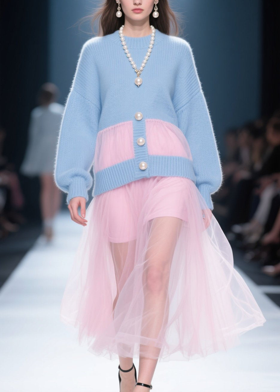 Fashion Blue O Neck Tulle Patchwork Knit Dress Fall