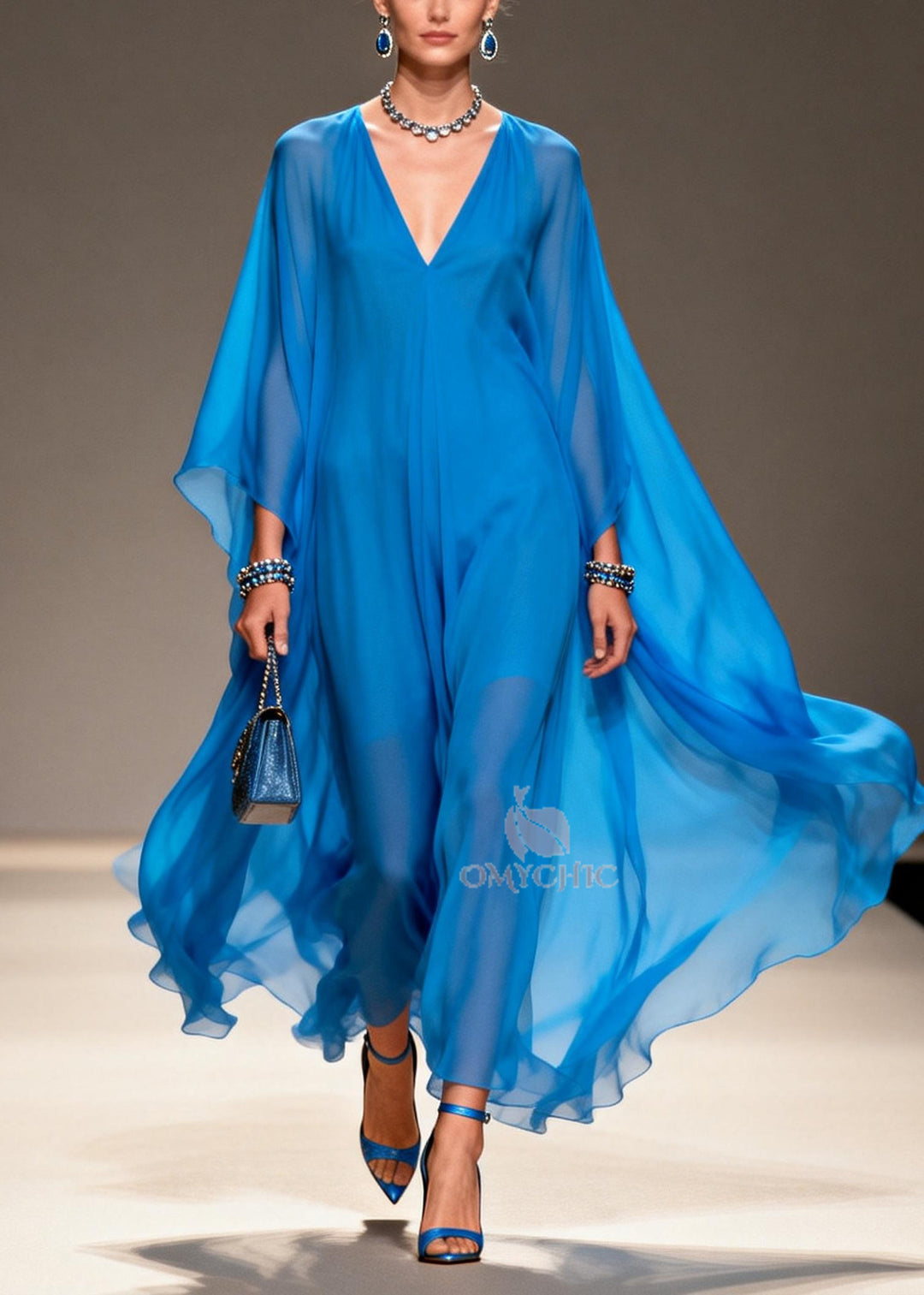 Fashion Blue Oversized Draping Chiffon Long Dress Summer