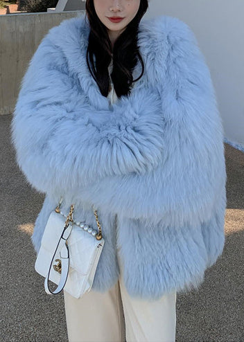 Fashion Blue Oversized Hooded Fox Fur Coats Winter