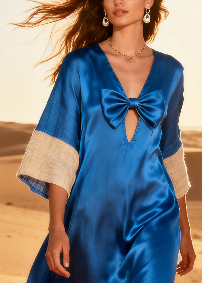Fashion Blue Oversized Patchwork Silk Ripped Dress Summer
