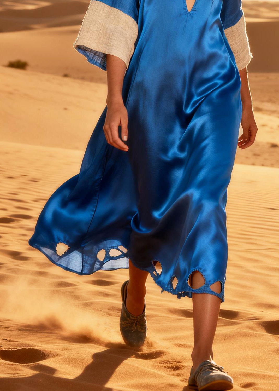 Fashion Blue Oversized Patchwork Silk Ripped Dress Summer