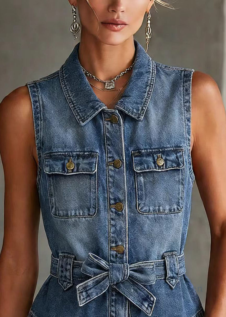 Fashion Blue Peter Pan Collar Denim Vest Top Sleeveless