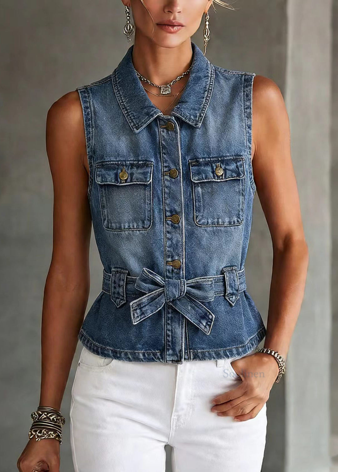 Fashion Blue Peter Pan Collar Denim Vest Top Sleeveless