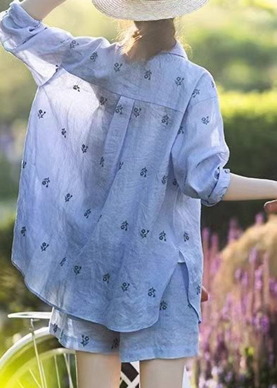 Fashion Blue Peter Pan Collar Embroidered Shirt And Shorts Two Pieces Set Summer