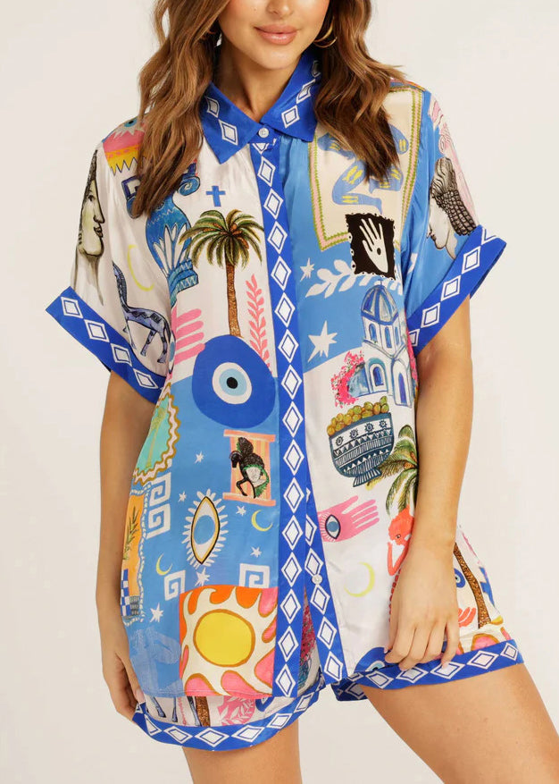 Fashion Blue Peter Pan Collar Print Ice Silk Two Pieces Set Summer