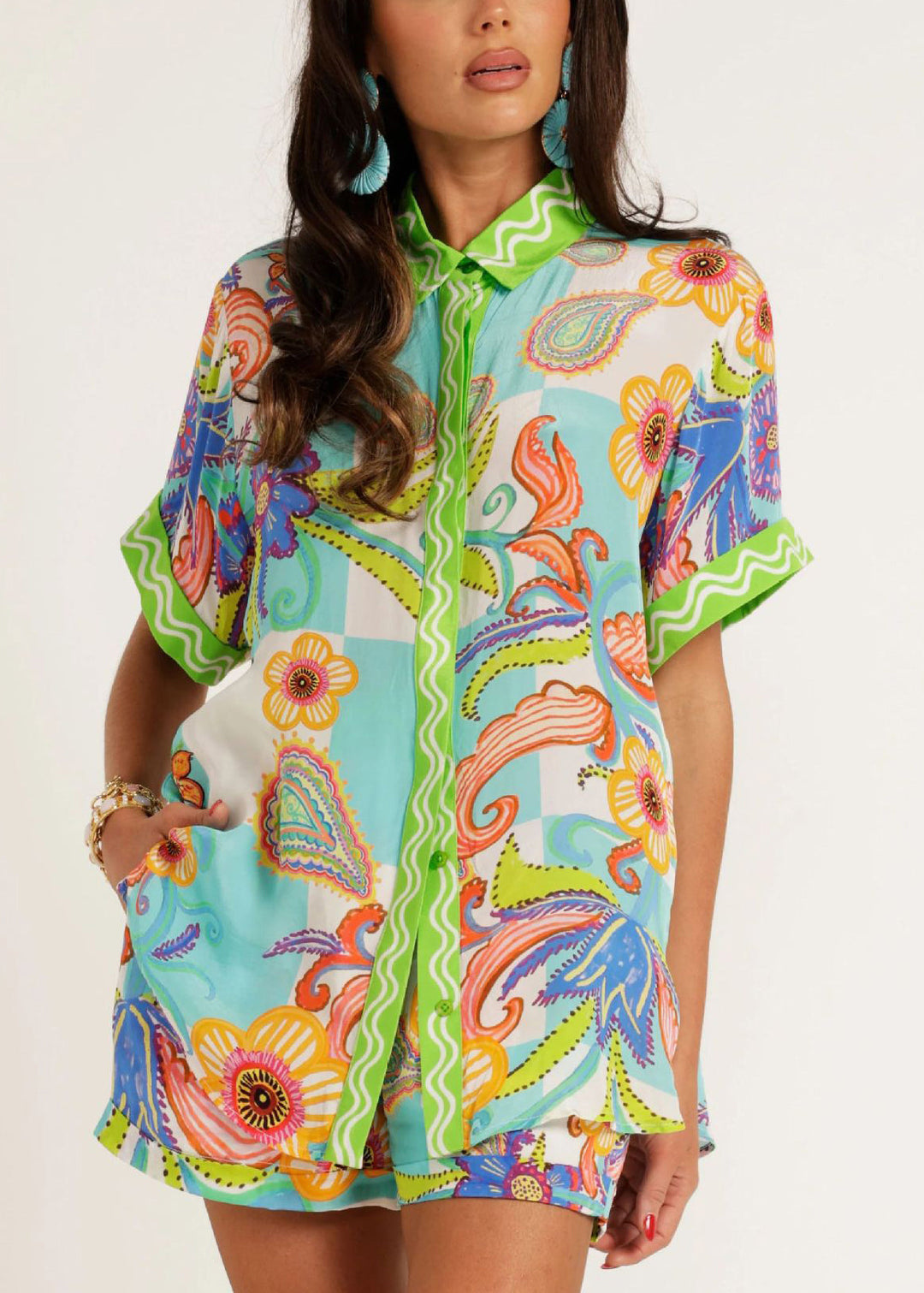 Fashion Blue Peter Pan Collar Print Ice Silk Two Pieces Set Summer
