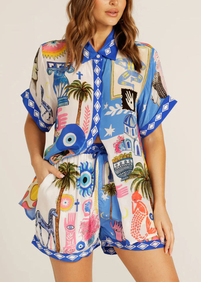 Fashion Blue Peter Pan Collar Print Ice Silk Two Pieces Set Summer