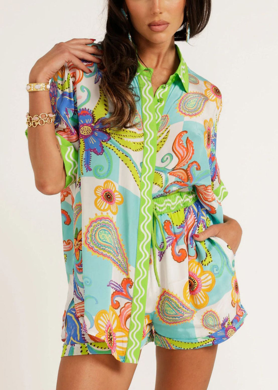 Fashion Blue Peter Pan Collar Print Ice Silk Two Pieces Set Summer