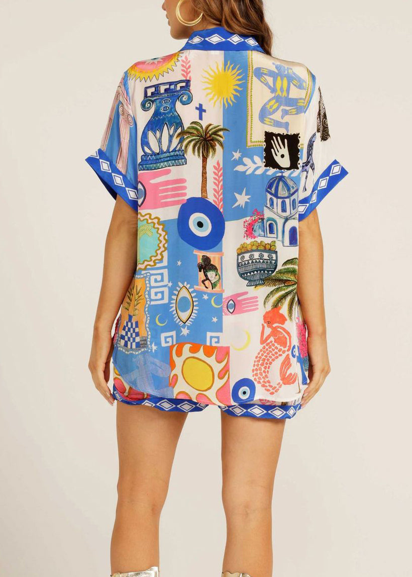 Fashion Blue Peter Pan Collar Print Ice Silk Two Pieces Set Summer