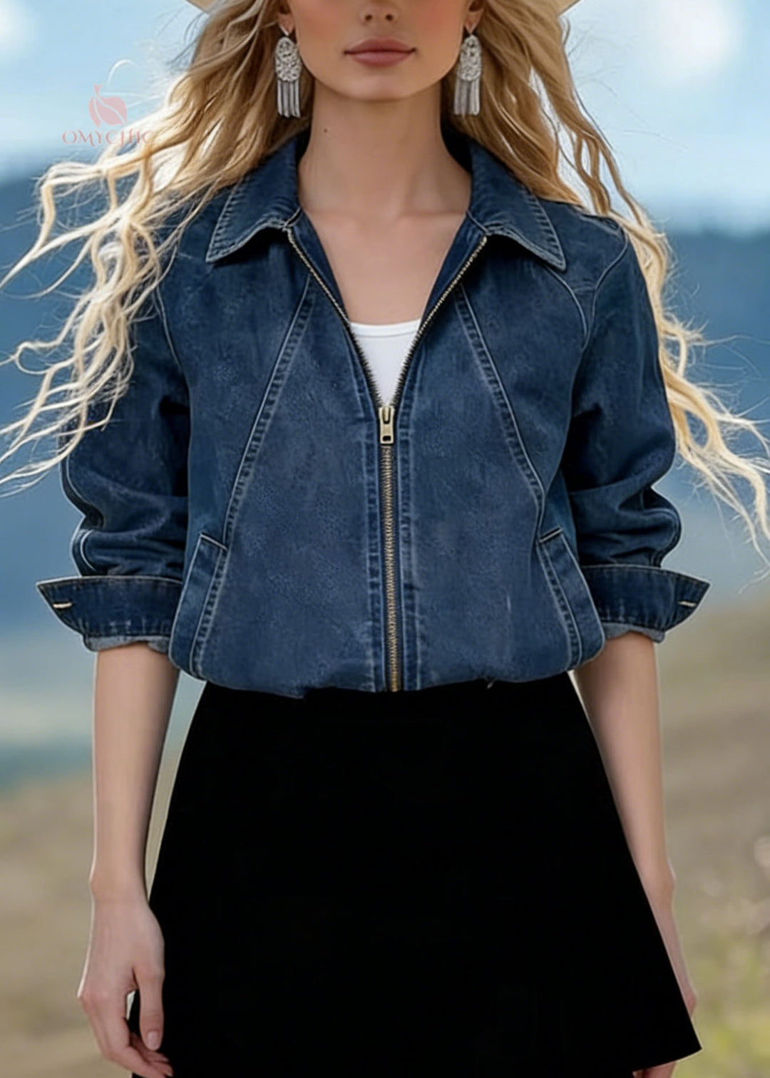 Fashion Blue Peter Pan Collar Zippered Denim Jackets Spring