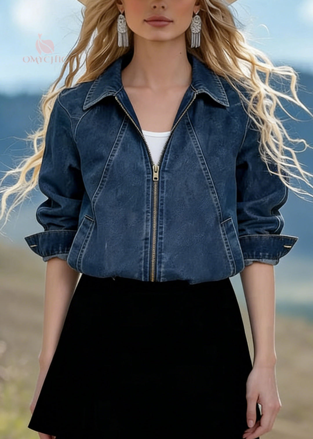 Fashion Blue Peter Pan Collar Zippered Denim Jackets Spring