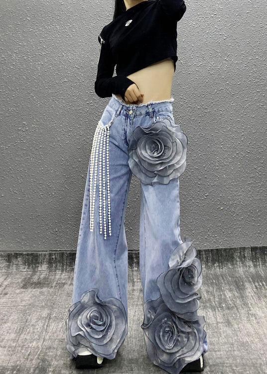 Fashion Blue Pockets Floral Bead Tassel Denim Pants Fall