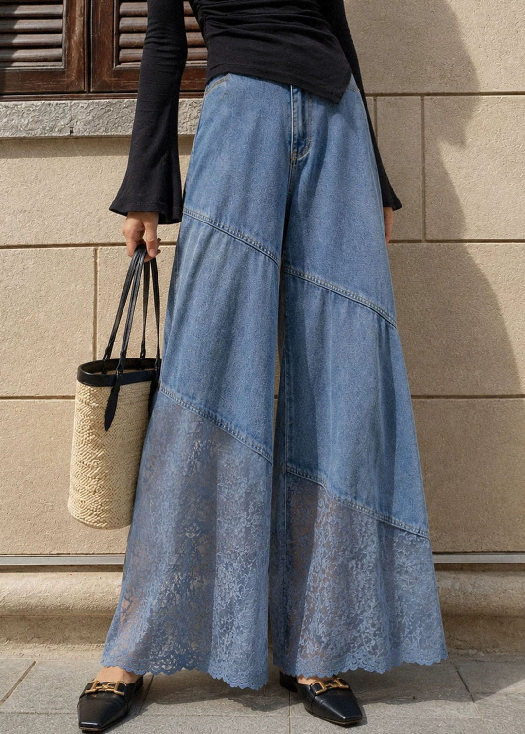 Fashion Blue Pockets High Waist Lace Patchwork Wide Leg Jeans Fall
