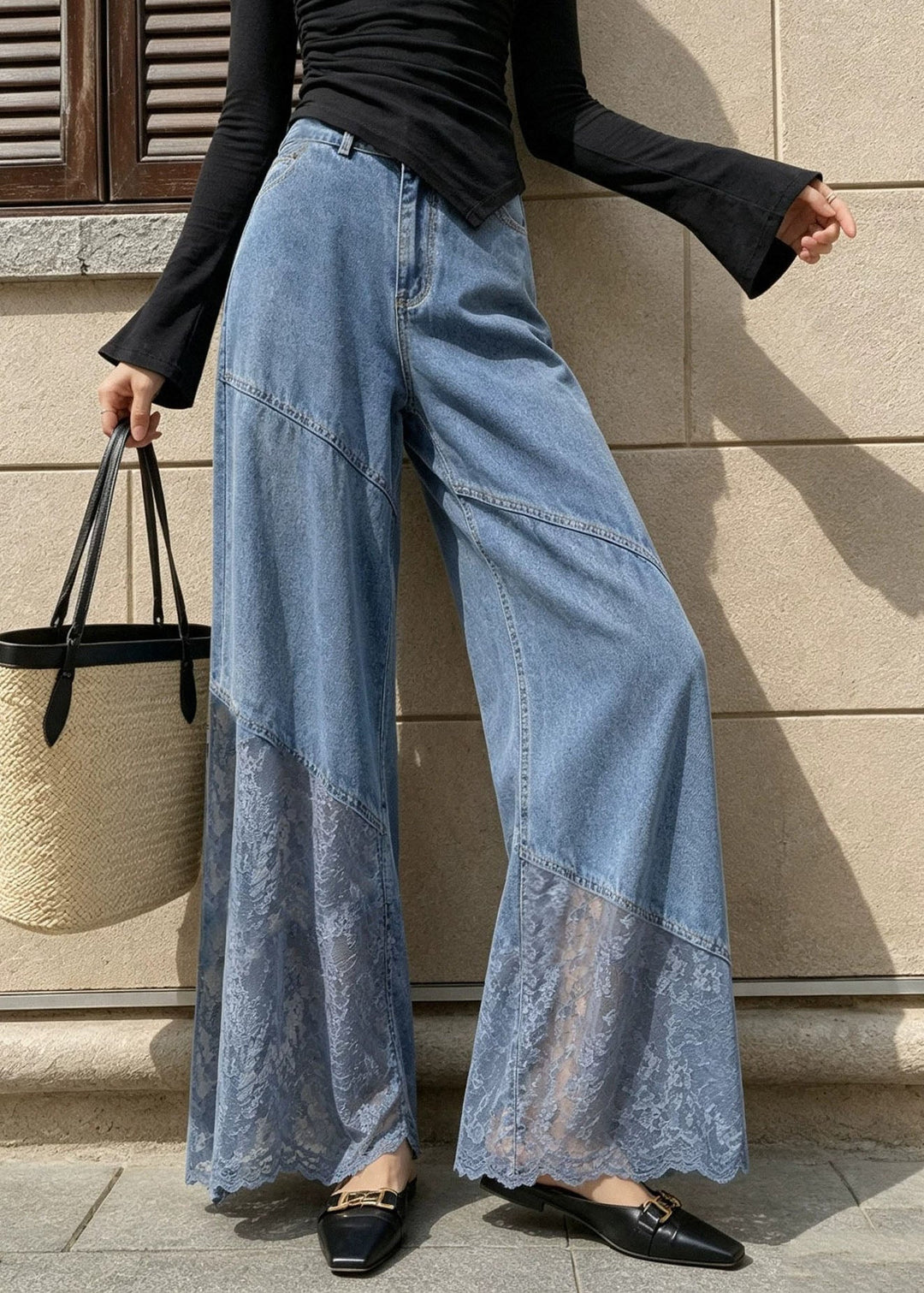 Fashion Blue Pockets High Waist Lace Patchwork Wide Leg Jeans Fall