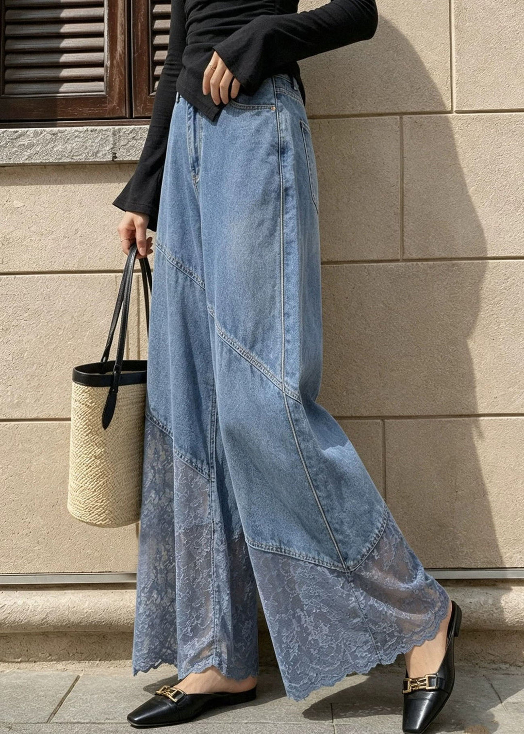 Fashion Blue Pockets High Waist Lace Patchwork Wide Leg Jeans Fall