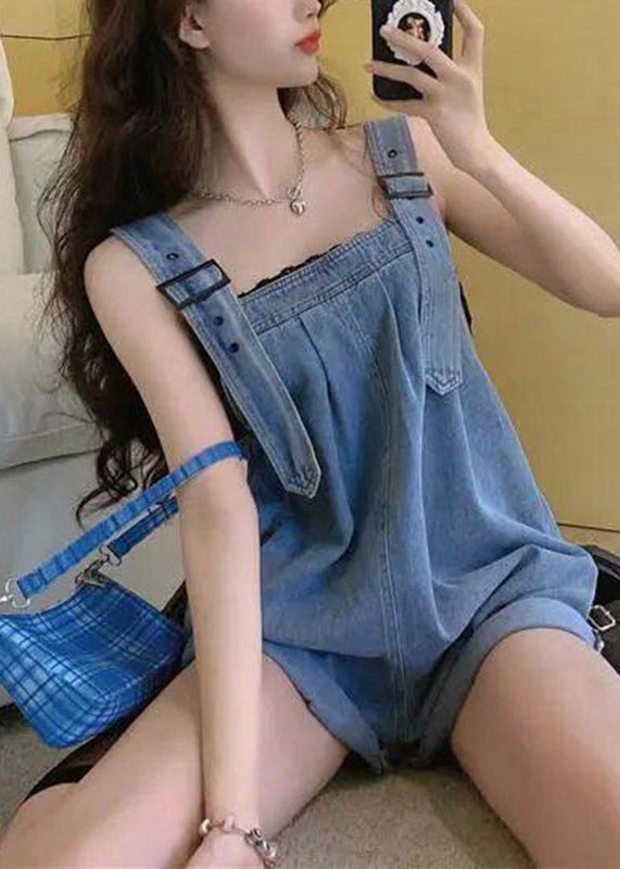 Fashion Blue Pockets Patchwork Denim Jumpsuits Summer