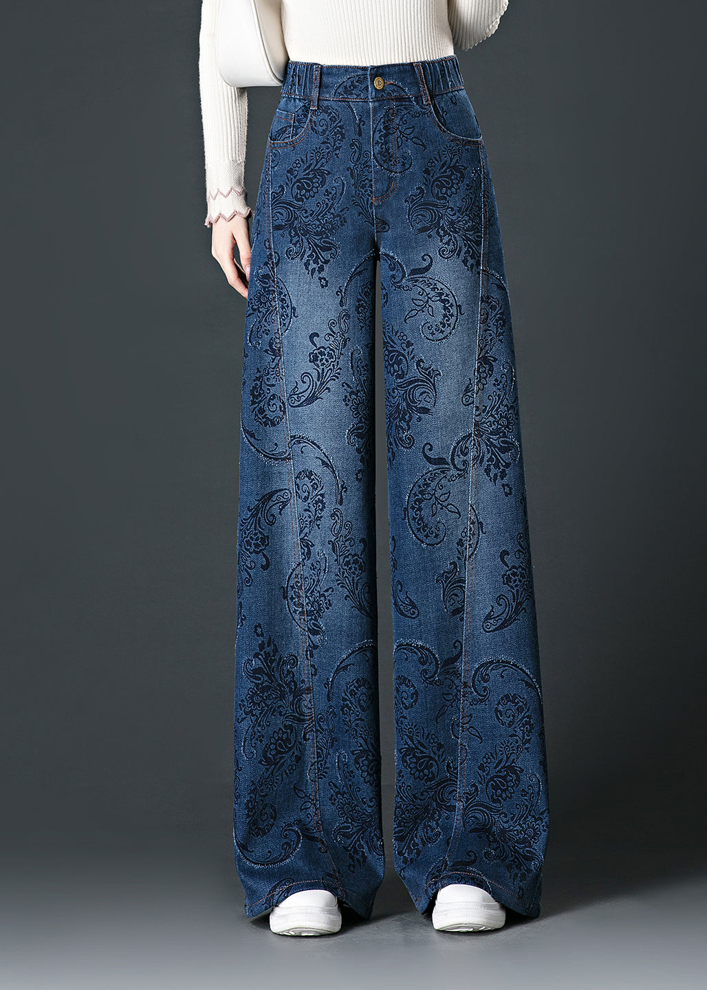 Fashion Blue Pockets Print High Waist Wide Leg Jeans Fall