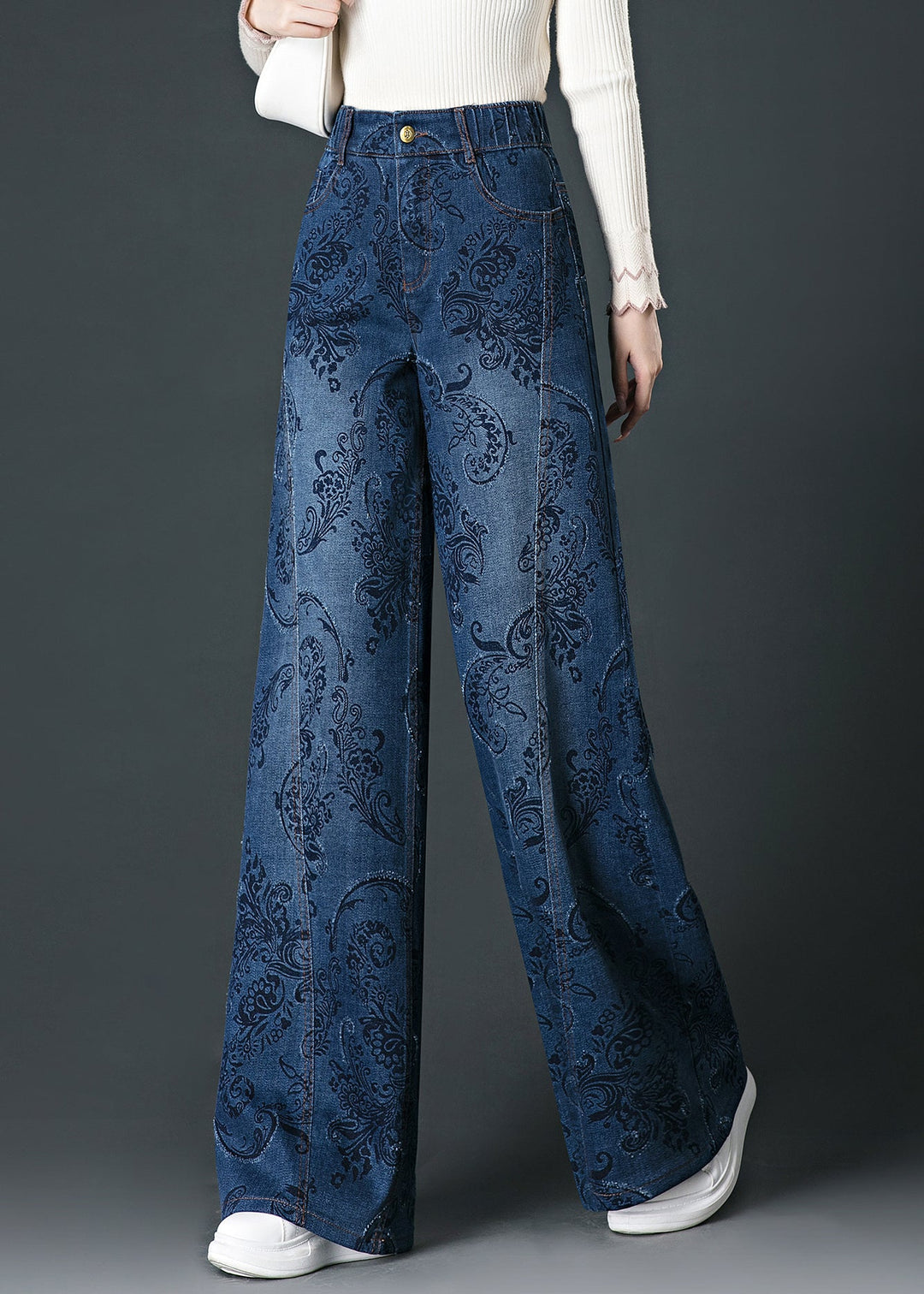 Fashion Blue Pockets Print High Waist Wide Leg Jeans Fall