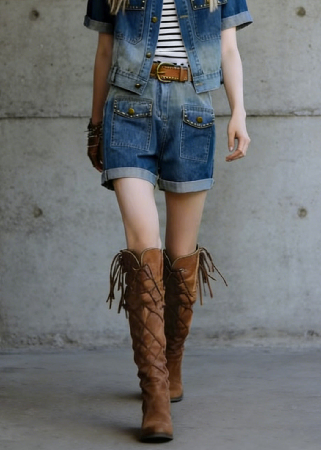 Fashion Blue Rivet Top And Shorts Denim Two Piece Suit Set Summer