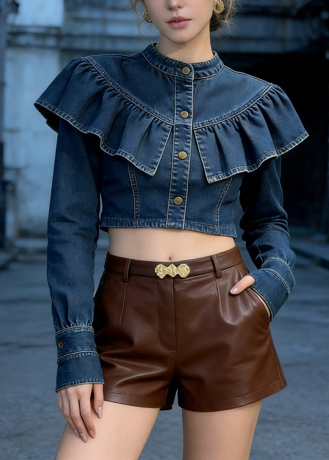 Fashion Blue Ruffled Patchwork Denim Short Top Spring - Omychic