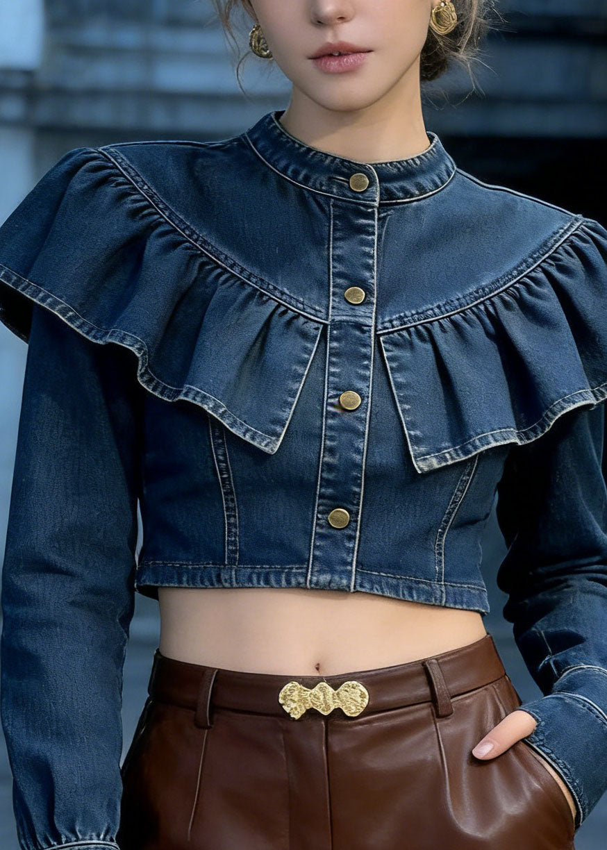 Fashion Blue Ruffled Patchwork Denim Short Top Spring - Omychic