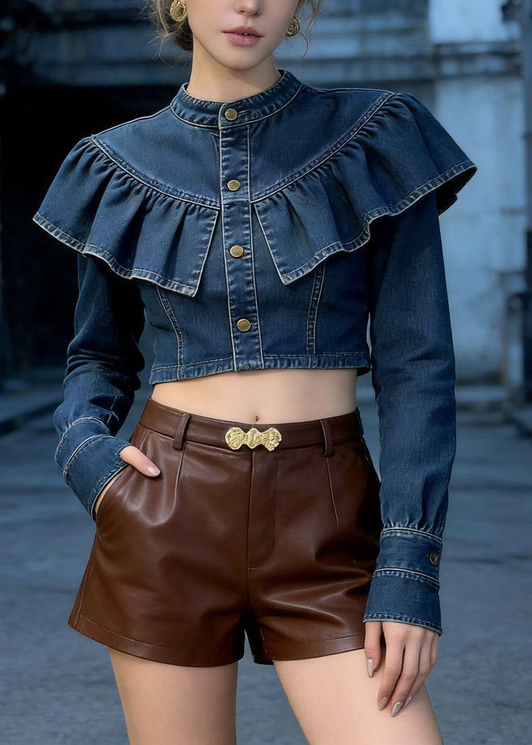 Fashion Blue Ruffled Patchwork Denim Short Top Spring - Omychic