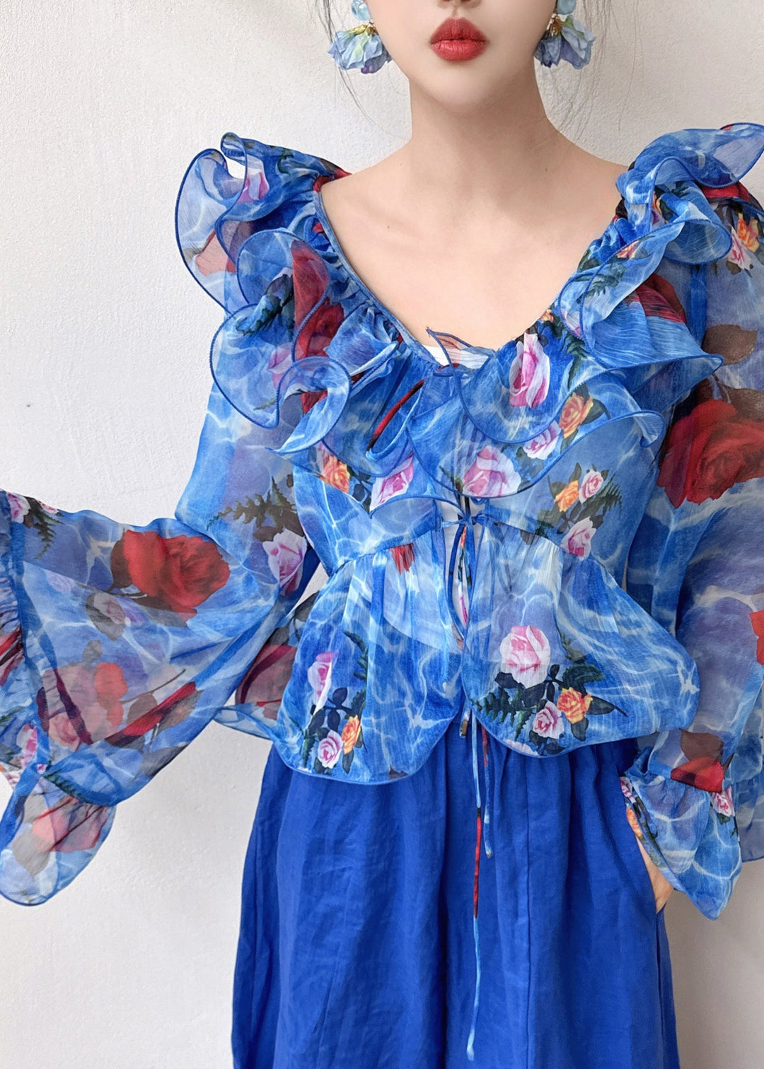 Fashion Blue Ruffled Patchwork Print Chiffon Shirt Flare Sleeve