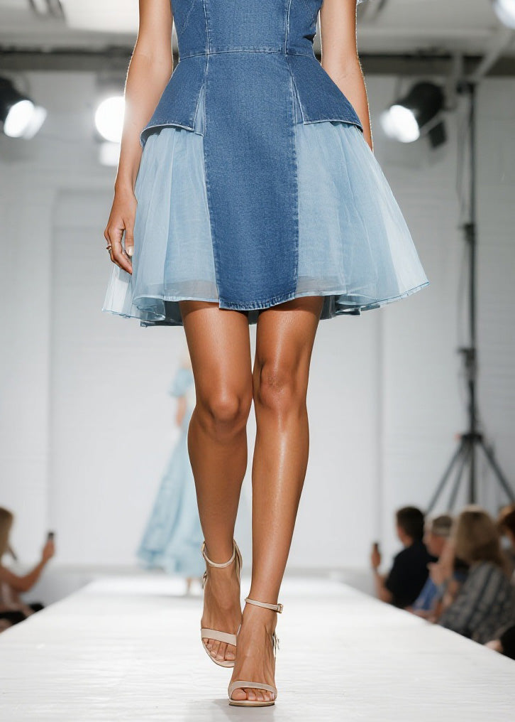 Fashion Blue Ruffled Tulle Patchwork Denim Dress Summer