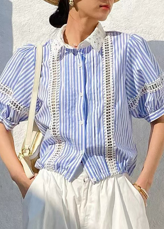 Fashion Blue Striped Hollow Out Cotton Blouses Summer