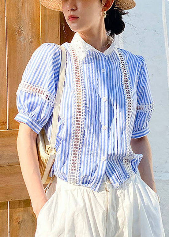 Fashion Blue Striped Hollow Out Cotton Blouses Summer