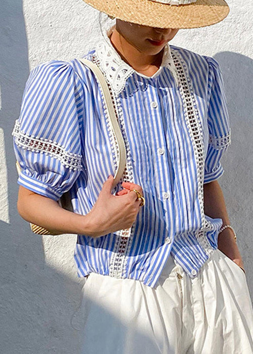 Fashion Blue Striped Hollow Out Cotton Blouses Summer