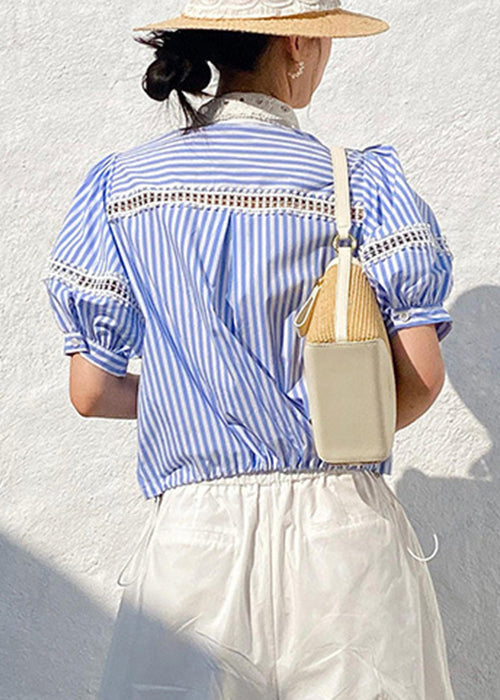 Fashion Blue Striped Hollow Out Cotton Blouses Summer