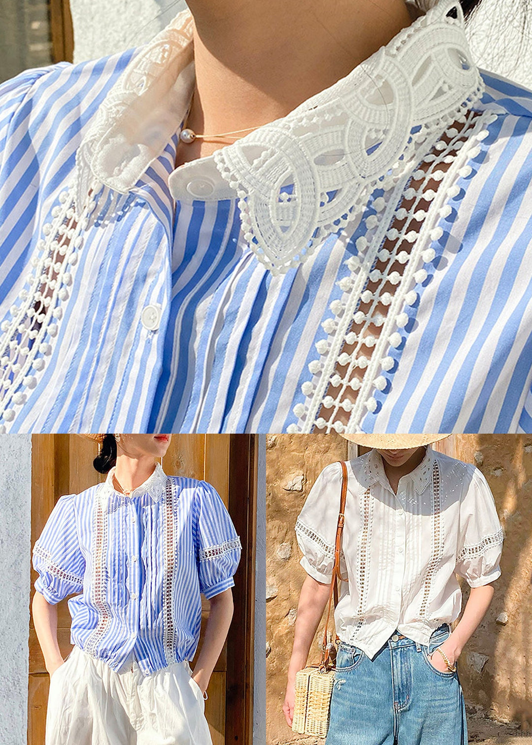 Fashion Blue Striped Hollow Out Cotton Blouses Summer