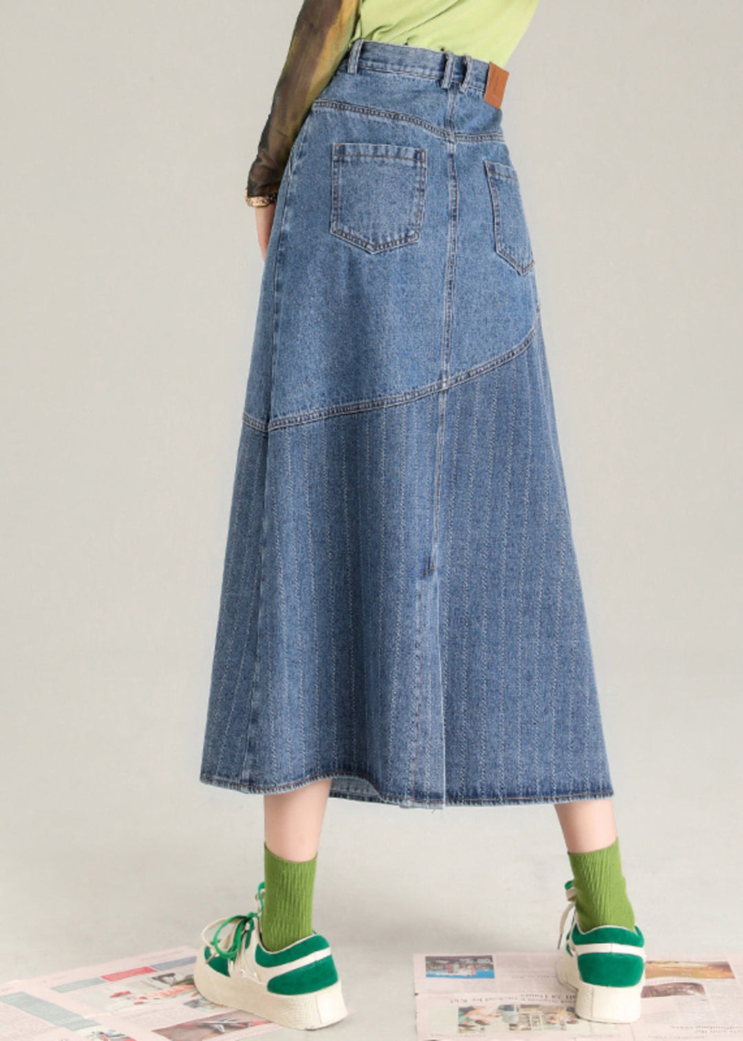 Fashion Blue Striped Patchwork Denim A Line Skirt Spring