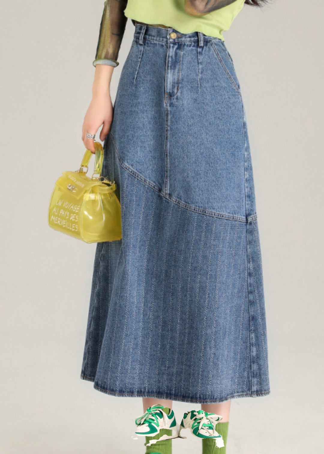Fashion Blue Striped Patchwork Denim A Line Skirt Spring